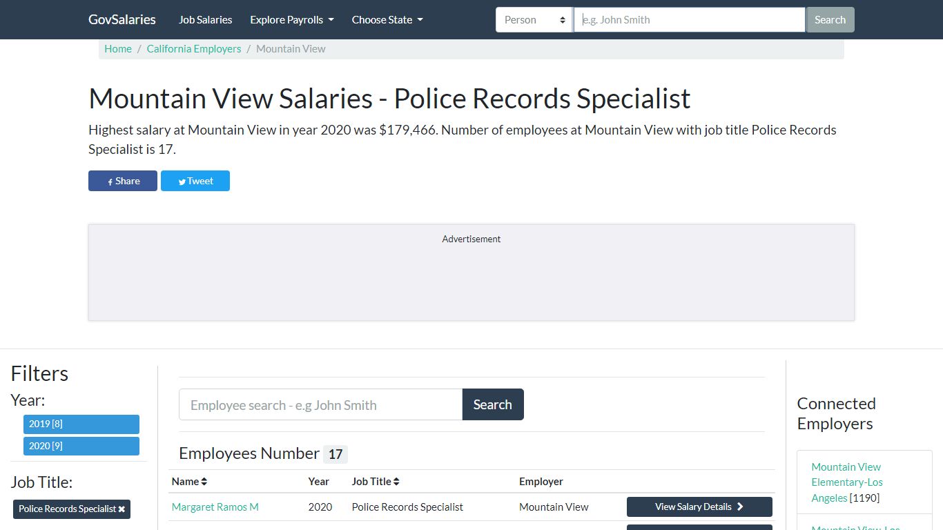 Mountain View Salaries - Police Records Specialist